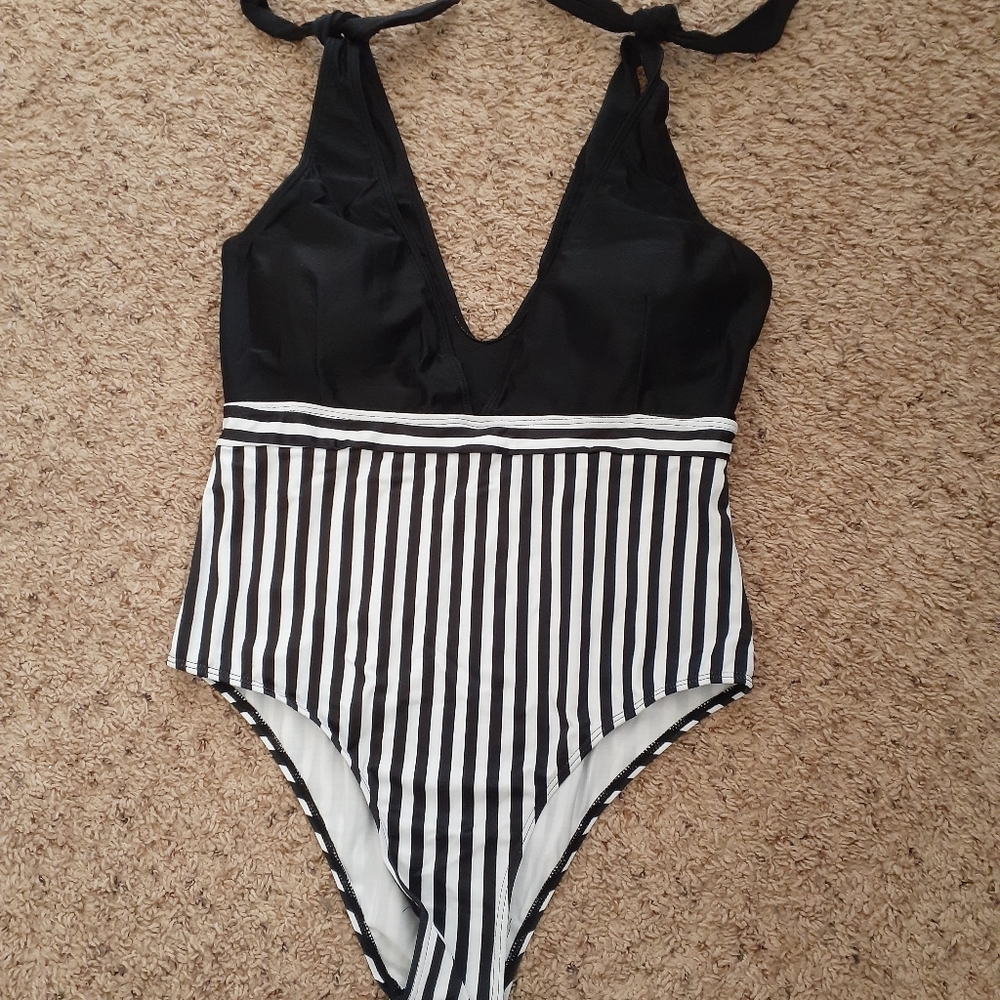 Black and White Striped Women Swim One Piece